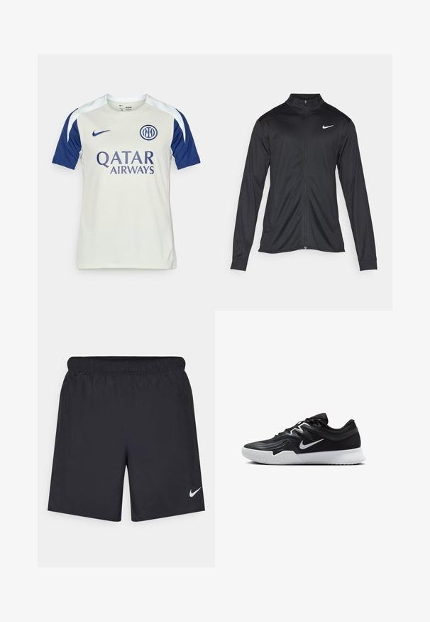 Black athletic jacket with long sleeves, collar, and full zipper. Features a subtle Nike logo in white on the upper left chest. Smooth texture.; White and navy Nike football shirt featuring short sleeves, crew neck, Qatar Airways logo, and circular interlocking club emblem on chest.; Black athletic shorts made of lightweight material with an elastic waistband. Features a small white Nike logo on the lower left side.; Black athletic shoe with a textured upper, white Nike swoosh, and a white rubber outsole. Features a lace-up design and dynamic shape.