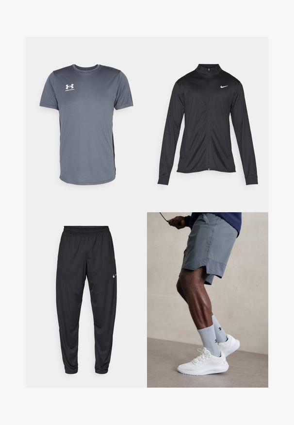Sort atletisk jakke med lange ærmer, krave og fuld lynlås. Har et diskret Nike-logo i hvidt på den øverste venstre side af brystet. Glat tekstur.; Grå atletisk t-shirt med korte ærmer. Har en rund halsudskæring og et hvidt Under Armour-logo på venstre bryst. Glat tekstur.; Sorte atletiske bukser med elastisk talje, snævre ben og et lille hvidt Nike-logo på venstre lår. Glat stof, ingen mønstre.; Hvide sportsko med tekstureret mesh-overdel, parret med lyseblå ribbede sokker med et logo. Grå sports shorts med perforeret kant.