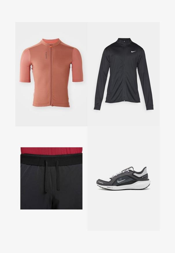Veste de sport noire à manches longues, avec col et fermeture éclair intégrale. Présente un logo Nike subtil en blanc sur le côté supérieur gauche de la poitrine. Texture lisse.; Maillot de cyclisme à manches courtes en rose saumon avec fermeture éclair sur le devant, tissu texturé, accents orange contrastants et design ajusté.; Des pantalons de sport noirs présentent une large ceinture avec un cordon de serrage externe. Le tissu est lisse avec un léger brillant et sans motifs visibles.; Baskets de sport noires et grises avec un empeigne en maille, des accents réfléchissants et un intermédiaire blanc. Comprend une semelle extérieure en caoutchouc texturé et des lacets.
