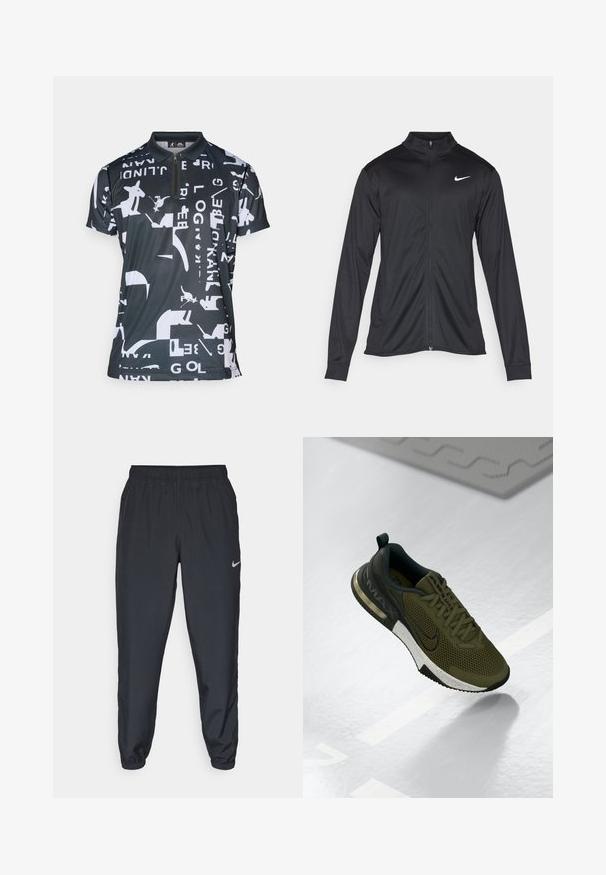 Fekete sportdzseki hosszú ujjal, gallérral és teljes cipzárral. Diszkrét fehér Nike logóval az upper bal mellen. Sima textúra.; Fekete póló, geometrikus fehér mintával, cipzáros gallérral, rövid ujakkal és sportos, könnyű anyagú textúrával.; Fekete sportnadrág könnyű anyagból, rugalmas derékkel és bokacsatokkal, a bal oldalon egy diszkrét Nike logóval.; Olíva zöld sportcipő hálós felsőrésszel, fekete akcentussal és fehér foltos középtalppal. Kerek orral és sarkon párnázással rendelkezik.