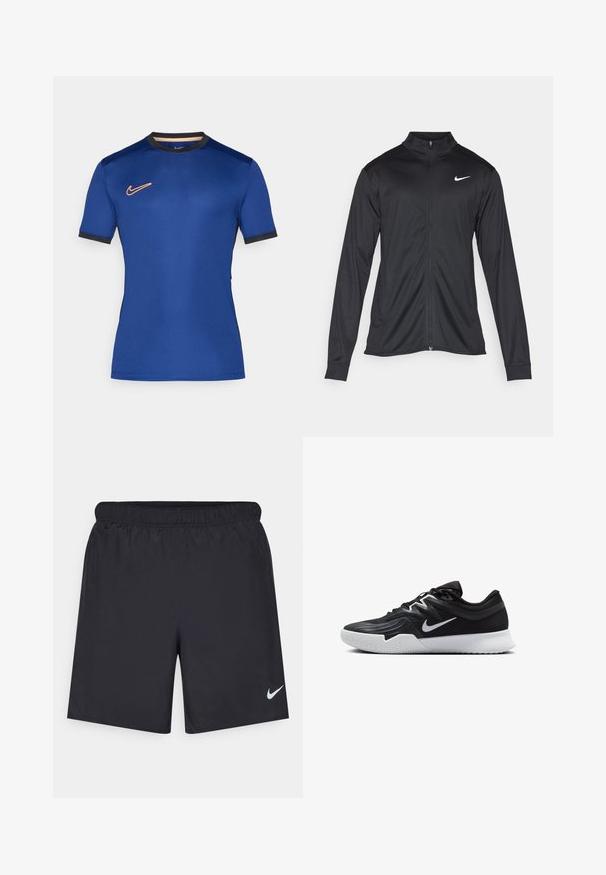 Svart idrettsjakke med lange ermer, krage og full glidelås. Har en subtil Nike-logo i hvitt på øvre venstre bryst. Glatt tekstur.; Blå atletisk skjorte laget av glatt stoff. Har korte ermer, svarte detaljer på kragen og ermene, samt en oransje Nike-logo på brystet.; Svart sportskjørt laget av lett materiale med elastisk linning. Har en liten hvit Nike-logo nederst til venstre.; Svart treningssko med teksturert overdel, hvit Nike-swoosh og hvit gummisåle. Har snøring og en dynamisk form.