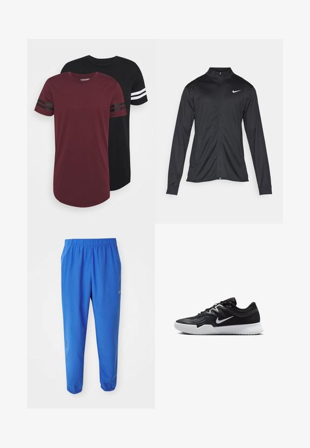 Musta urheilutakki pitkillä hihoilla, kauluksella ja kokonaisella vetoketjulla. Täydentää hienovarainen Nike-logo valkoisena vasemmassa ylärinnassa. Litteä pinta.; Kaksi pyöreäkaulaista t-paitaa; yksi marooni mustilla raidoilla hihoissa, toinen musta valkoisilla raidoilla. Pehmeä kangas, rento istuvuus, pyöristetty helma.; Siniset urheiluhousut, joissa on joustava vyötärö, suora lahjesuunnittelu ja kapenevat lahkeet. Oikealla puolella on kultainen Nike-logo.; Musta urheilukenkä, jossa on teksturoitu päällinen, valkoinen Nike-tikkaus ja valkoinen kumipohja. Kenkässä on nauhakuji ja dynaaminen muoto.