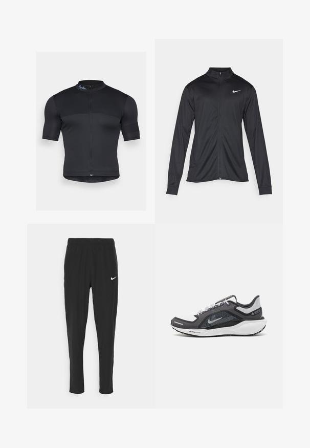 Chaqueta atlética negra con mangas largas, collar y cremallera completa. Presenta un sutil logo de Nike en blanco en la parte superior izquierda del pecho. Textura suave.; Jersey de ciclismo negro hecho de tela elástica, con mangas cortas, un cierre de media cremallera en el frente y una sutil textura acanalada con un logo en el collar.; Pantalones deportivos negros hechos de una tela liviana, con una cintura elástica y un logo de Nike en blanco en el muslo izquierdo.; Zapatilla deportiva negro y gris con parte superior de malla, acentos reflectantes y una entresuela blanca. Presenta una suela de goma texturizada y cordones.