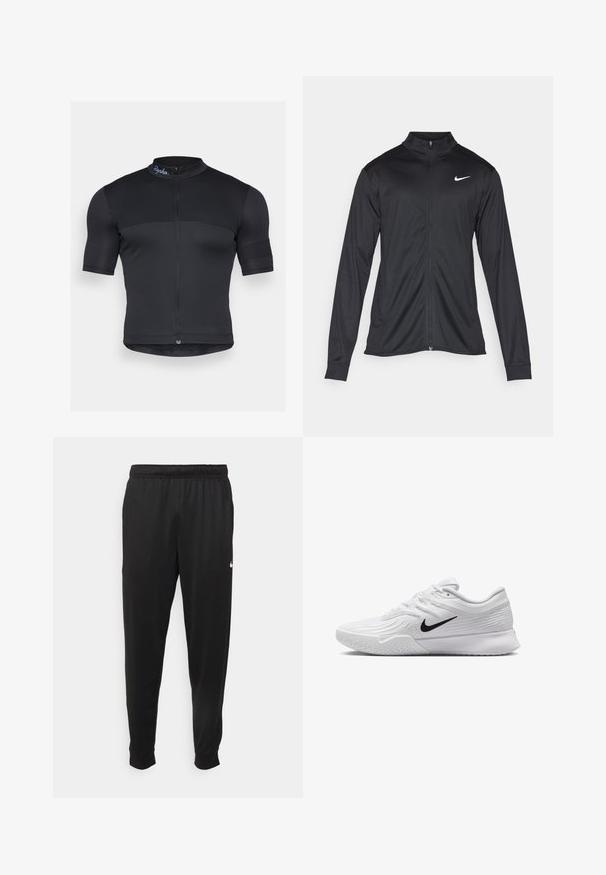 Čierna športová bunda s dlhými rukávmi, golierom a plným zipsom. Obsahuje nenápadné logo Nike v bielej farbe na hornej ľavej hrudi. Hladká textúra.; Čierny cyklistický dres vyrobený z elastickej tkaniny, s krátkymi rukávmi, polozipsom vpredu a jemnou ryhovanou textúrou s logom na golieri.; Čierne športové nohavice z hladkej tkaniny, s elastickým pásom, zužujúcimi sa nohavicami a malým bielym logom na ľavej strane.; Biele športové topánky s textúrovaným sieťovaným zvrškom, čiernym logom Nike, polstrovaným golierom a gumovou podrážkou so vzorom dezénu.