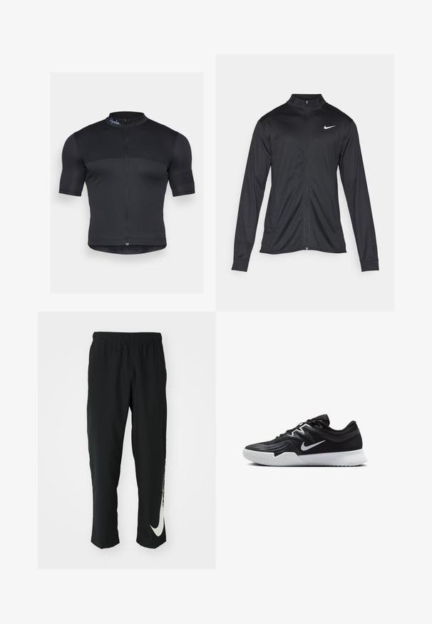 Musta urheilutakki pitkillä hihoilla, kauluksella ja kokonaisella vetoketjulla. Täydentää hienovarainen Nike-logo valkoisena vasemmassa ylärinnassa. Litteä pinta.; Musta pyöräilypaita, joka on valmistettu venyvästä kankaasta. Paidassa on lyhyet hihat, puolisuojaketju edessä ja hienovarainen joustokuviointi, jossa on logo kauluksessa.; Mustat urheiluhousut, joissa on joustava vyötärö, kapeneva muotoilu ja suuri valkoinen Nike-logo vasemmassa lahkeessa. Pehmeä, kevyt kangas.; Musta urheilukenkä, jossa on teksturoitu päällinen, valkoinen Nike-tikkaus ja valkoinen kumipohja. Kenkässä on nauhakuji ja dynaaminen muoto.