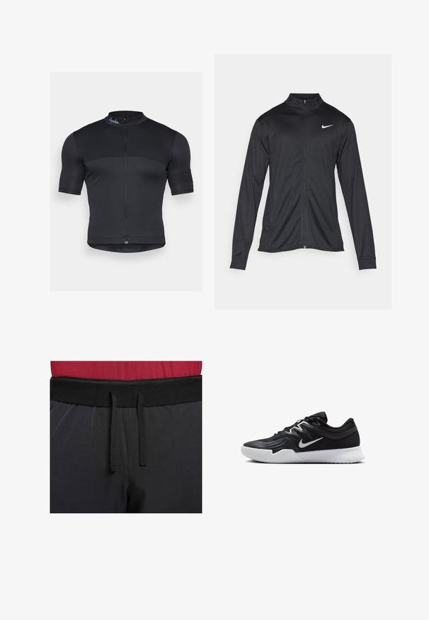 Fekete sportdzseki hosszú ujjal, gallérral és teljes cipzárral. Diszkrét fehér Nike logóval az upper bal mellen. Sima textúra.; Fekete kerékpáros mez rugalmas anyagból, rövid ujjakkal, félcipzáras elülső résszel és finom bordázott textúrával, a gallérján pedig logóval.; Fekete sportnadrág széles derékrésszel rendelkezik, külső zsinórral. Az anyaga sima, enyhén fényes, és nincs rajta látható minta.; Fekete sportcipő texturált felsőrésszel, fehér Nike logóval és fehér gumitalppal. Fűzős kialakítással és dinamikus formával rendelkezik.