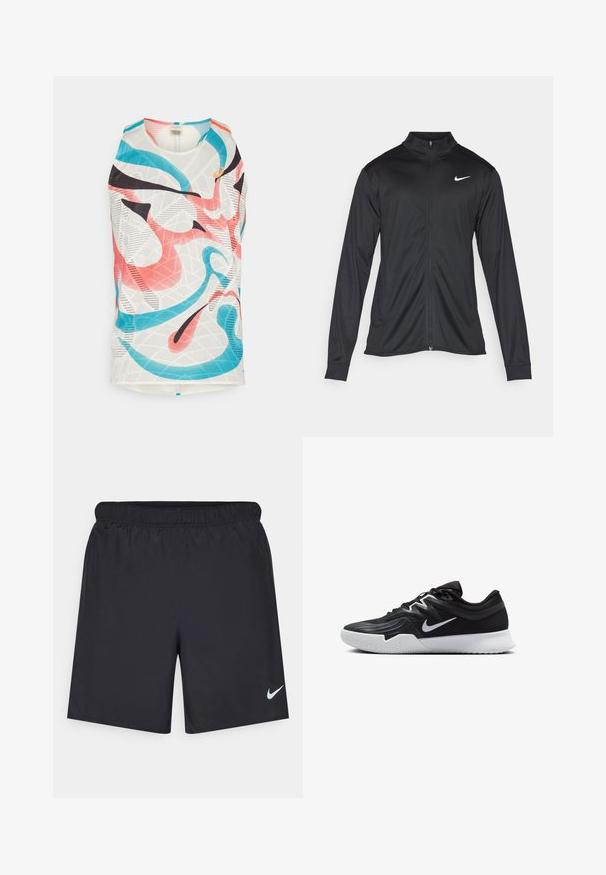 Svart idrottsjacka med långa ärmar, krage och full dragkedja. Har en diskret Nike-logga i vitt på övre vänstra bröstet. Slät yta.; Ärmlös idrottstopp av meshmaterial. Har ett abstrakt mönster i flera färger i rosa, blått och svart. Rundhalsdesign.; Svarta träningsshorts gjorda av lätt material med elastisk midja. Har en liten vit Nike-logotyp på nedre vänstra sidan.; Svarta träningsskor med en texturerad ovandel, vit Nike-logga och en vit gummisula. Har snörningsdesign och en dynamisk form.