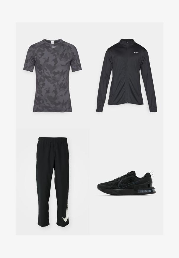 Black athletic jacket with long sleeves, collar, and full zipper. Features a subtle Nike logo in white on the upper left chest. Smooth texture.; Short-sleeve, fitted t-shirt in dark grey with a camouflage pattern. Made from a smooth, stretchy material with subtle texture details.; Black athletic pants with elastic waistband, tapering design, featuring a large white Nike logo on the left leg. Soft, lightweight fabric.; Black Nike athletic shoe featuring a mesh upper, rubber sole, padded collar, and a distinct transparent heel accent.