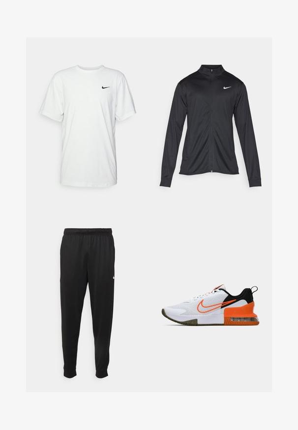 Musta urheilutakki pitkillä hihoilla, kauluksella ja kokonaisella vetoketjulla. Täydentää hienovarainen Nike-logo valkoisena vasemmassa ylärinnassa. Litteä pinta.; Valkoinen puuvillapaita, jossa on lyhyet hihat, pyöreä pääntie ja musta Nike-logo vasemmassa rinnassa. Sileä ja kevyt kangas.; Mustat urheiluhousut, jotka on valmistettu sileästä kankaasta. Niissä on joustava vyötärö, kapenevat lahkeet ja pieni valkoinen logo vasemmalla puolella.; Valkoinen urheilukenkä, jossa on ristikkopintainen yläosa, mustia ja oransseja yksityiskohtia, paksu kumipohja ja selkeä ilmatyynyosa kantapäässä.
