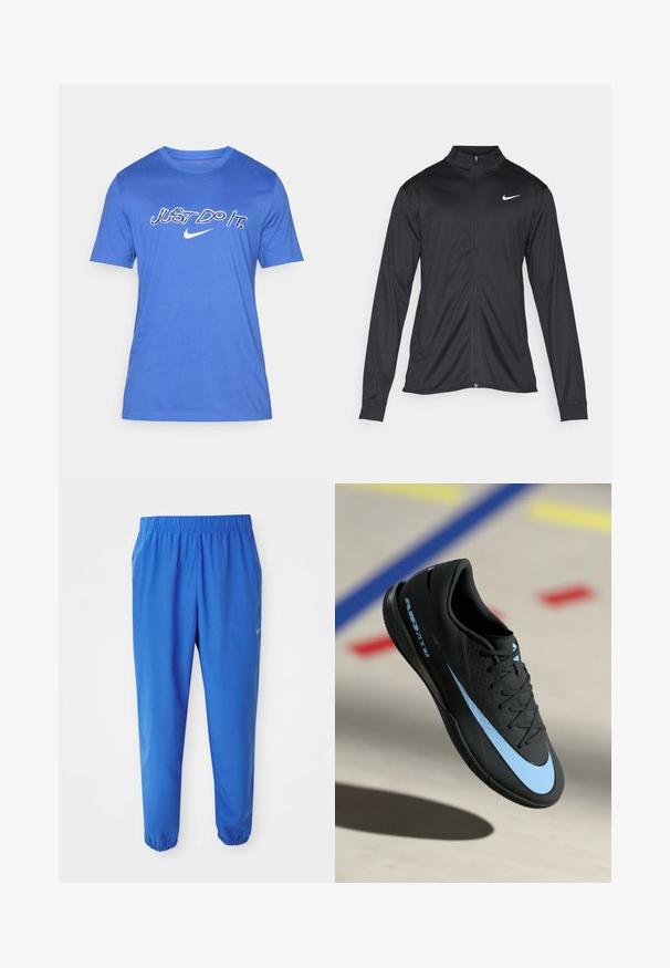 Črna atletska jakna z dolgimi rokavi, ovratnikom in polnim zadrgo. Vključuje diskreten bel Nike logotip na zgornjem levem delu prsnega koša. Gladka tekstura.; Modra bombažna majica z okroglim izrezom, kratkimi rokavi in belim napisom "Just Do It." ter logotipom Nike v središču.; Modre atletske hlače z elastičnim pasom, ravnim krojem in zoženimi manšetami. Značilnost je Nike logo v zlatem na levi strani.; Črne športne copate z modrimi detajli, teksturirana površina, vezalni dizajn in značilni Nike logotip. Gumijast podplat z vzorci za oprijem.