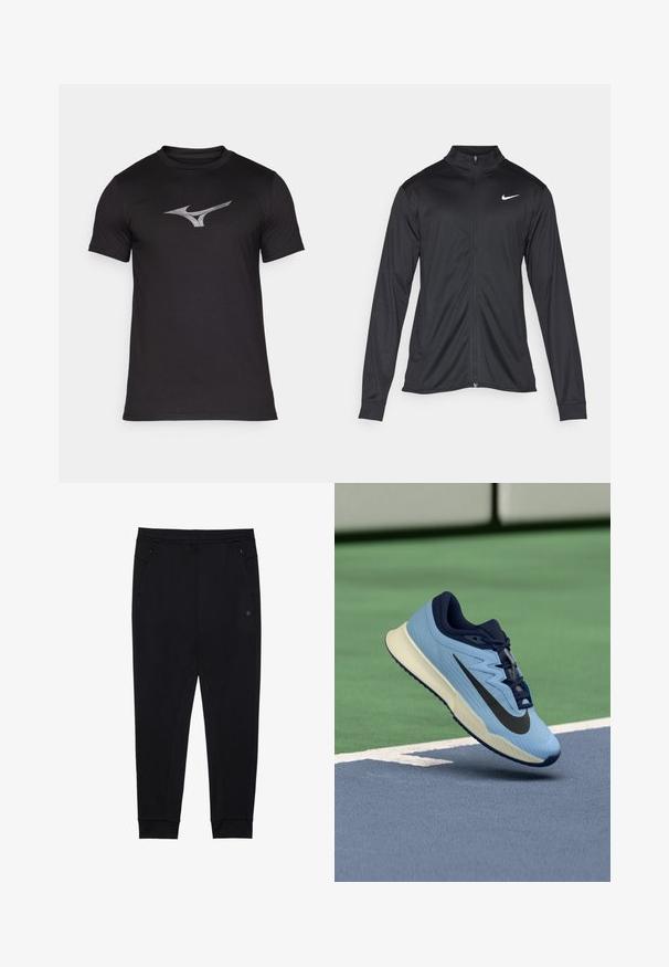 Svart idrettsjakke med lange ermer, krage og full glidelås. Har en subtil Nike-logo i hvitt på øvre venstre bryst. Glatt tekstur.; Svart trener t-skjorte laget av lett stoff. Har en sølvfarget logo foran, korte ermer og design med rund hals.; Sorte joggebukser laget av mykt stoff med elastisk midje. Har sidelommer og innsvingte mansjetter for en tettsittende passform.; Lys blå idrettssko med marineblå detaljer, teksturert mesh-overdel og svart Swoosh-logo. Har en polstret midtsåle og gummisåle.