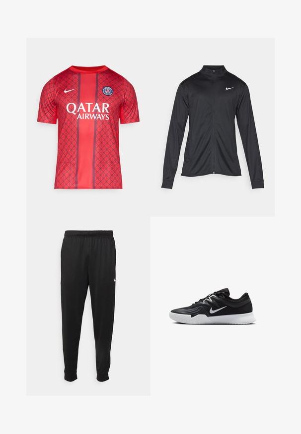 Veste de sport noire à manches longues, avec col et fermeture éclair intégrale. Présente un logo Nike subtil en blanc sur le côté supérieur gauche de la poitrine. Texture lisse.; Maillot de sport rouge avec un motif géométrique, manches courtes, col rond, logo Nike et texte "Qatar Airways". Logo du PSG sur la poitrine.; Pantalon de sport noir en tissu lisse, avec une taille élastique, des jambes fuselées et un petit logo blanc sur le côté gauche.; Chaussure de sport noire avec une tige texturée, un swoosh blanc de Nike et une semelle extérieure en caoutchouc blanc. Elle présente un design à lacets et une forme dynamique.