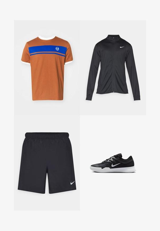 Czarna sportowa kurtka z długimi rękawami, kołnierzem i pełnym zamkiem. Posiada subtelne logo Nike w białym kolorze na lewej górnej części klatki piersiowej. Gładka tekstura.; Brązowy bawełniany T-shirt z białym okrągłym dekoltem i brzegami rękawów, z poziomym niebieskim paskiem oraz logo z przodu u góry.; Czarne spodenki sportowe wykonane z lekkiego materiału, z elastycznym pasem. Posiadają małe białe logo Nike na dolnej lewej stronie.; Czarne buty sportowe z teksturowaną cholewką, białym logo Nike i białą gumową podeszwą. Charakteryzują się sznurowanym zapięciem i dynamicznym kształtem.