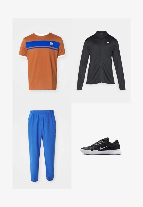 Czarna sportowa kurtka z długimi rękawami, kołnierzem i pełnym zamkiem. Posiada subtelne logo Nike w białym kolorze na lewej górnej części klatki piersiowej. Gładka tekstura.; Brązowy bawełniany T-shirt z białym okrągłym dekoltem i brzegami rękawów, z poziomym niebieskim paskiem oraz logo z przodu u góry.; Niebieskie spodenki sportowe z elastycznym paskiem, prostym krojem nogawki i zwężanymi mankietami. Zawierają złote logo Nike po lewej stronie.; Czarne buty sportowe z teksturowaną cholewką, białym logo Nike i białą gumową podeszwą. Charakteryzują się sznurowanym zapięciem i dynamicznym kształtem.