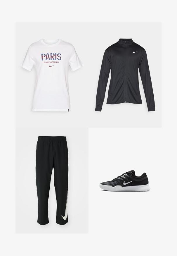 Jacket desportivo preto com mangas longas, colarinho e fecho zip completo. Apresenta um discreto logotipo da Nike em branco na parte superior do lado esquerdo do peito. Textura suave.; T-shirt branca de manga curta com o texto "PARIS" em letras geométricas azuis e vermelhas e "SAINT-GERMAIN" em texto menor abaixo. Logótipo da Nike incluído.; Calças atléticas pretas com cintura elástica, design afunilado, apresentando um grande logótipo branco da Nike na perna esquerda. Tecido macio e leve.; Sapatilha atlética preta com um cabedal texturizado, swoosh branco da Nike e uma sola de borracha branca. Apresenta um design com atacadores e uma forma dinâmica.