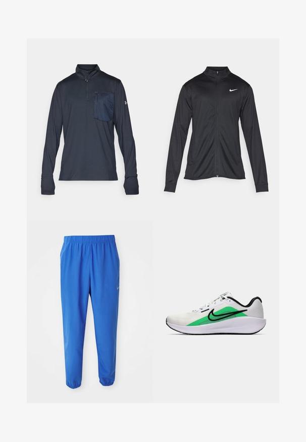 Must värvi sportlik jakk pikkade varrukatega, krae ja täispikk tõmblukk. Ülemises vasakus rinnas on diskreetne valge Nike logo. Sile tekstuur.; Under Armour TRAIL RUN 1/4 ZIP - Pikkade varrukatega topp - anthracite/earthen orange; Sinised spordipüksid elastse vöökoha, sirge jala disaini ja kitsenevate sääremukudega. Vasakul küljel on kuldne Nike logo.; Valge spordijalats, millel on roheline aktsent, must logo, võrkmaterjalist pealisosa, pehmendusega tallad ja ümar kannaosa. Omab paelu ja kontrastset detaili.