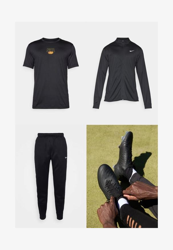 Musta urheilutakki pitkillä hihoilla, kauluksella ja kokonaisella vetoketjulla. Täydentää hienovarainen Nike-logo valkoisena vasemmassa ylärinnassa. Litteä pinta.; Mustat Nike-paita, joka on valmistettu synteettisestä kankaasta, jossa on keltainen logo ja koripallografiikka, pyöreä kaula-aukko ja lyhyt hiha. Sileä pinta.; Mustat Nike-housut, joissa on joustava vyötärö, kapenevat lahkeet ja hienovarainen logoakseli. Valmistettu sileästä kankaasta yksinkertaisella muotoilulla.; Mustat jalkapallosukat, joissa on teksturoitu pinta ja mustat nauhat, joita kiristetään käsin. Taustalla vihreä pinta, jossa mustat urheiluasut ja valkoiset sukat.