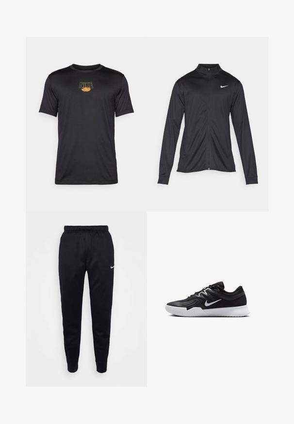 Melna sporta jaka ar garām piedurknēm, apkakli un pilnu rāvējslēdzēju. Uz kreisā krūts augšdaļas ir maigs Nike logo baltā krāsā. Gluda tekstūra.; Melnā Nike t-kreklā izgatavots no sintētiskas auduma, ar dzelteno logo un basketbola grafiku, apaļu kakla izgriezumu un īsām piedurknēm. Gluda tekstūra.; Melni Nike gara bikses ar elastīgu jostu, sašaurinātiem iegurniem un diskrētu logo akcentu. Izgatavotas no gludas auduma ar vienkāršu dizainu.; Melni sporta apavi ar teksturētu virsu, balto Nike zulumu un balto gumijas zoli. Iezīmējas ar auklu pievilkšanas dizainu un dinamisku formu.
