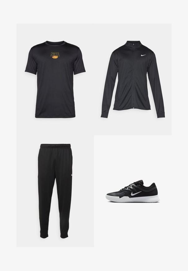 Jachetă sportivă neagră cu mâneci lungi, guler și fermoar complet. Prezintă un logo Nike subtil, alb, pe pieptul din stânga sus. Textură netedă.; Tricou Nike negru din material sintetic, cu un logo galben și un grafic de baschet, guler rotund și mâneci scurte. Textură netedă.; Pantaloni sportivi negri dintr-o țesătură netedă, cu un elastic la brâu, picioare conice și un mic logo alb pe partea stângă.; Pantof sport negru cu un superior texturat, swoosh alb Nike și o tălpică din cauciuc alb. Dispune de un design cu șireturi și o formă dinamică.