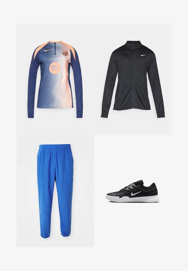 Μαύρο αθλητικό μπουφάν με μακριά μανίκια, γιακά και πλήρη φερμουάρ. Διαθέτει ένα διακριτικό λευκό λογότυπο της Nike στη πάνω αριστερή πλευρά του στήθους. Λείος υφασμάτινος χαρακτήρας.; Μπλε και ροδακινί μπλούζα προπόνησης ποδοσφαίρου Nike με μακριά μανίκια, με το έμβλημα της FC Barcelona και το λογότυπο του Spotify, φερμουάρ στον γιακά και αφηρημένο σχέδιο γραμμών.; Μπλε αθλητικό παντελόνι με ελαστική μέση, ίσια σχέδιο ποδιών και εφαρμοστά μπατζάκια. Διαθέτει το λογότυπο της Nike σε χρυσό χρώμα στην αριστερή πλευρά.; Μαύρο αθλητικό παπούτσι με υφή στο επάνω μέρος, λευκό σήμα Nike και λευκή καουτσούκ σόλα. Διαθέτει σχέδιο με κορδόνια και δυναμικό σχήμα.