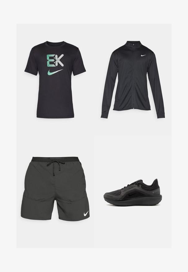 Chaqueta atlética negra con mangas largas, collar y cremallera completa. Presenta un sutil logo de Nike en blanco en la parte superior izquierda del pecho. Textura suave.; Nike Performance TEE KIPCHOGE - Camiseta deportiva - black; Pantalones cortos de correr negros con cinturilla elástica, cordón, bolsillos laterales y un logotipo de Nike en blanco en la parte inferior de la pierna izquierda.; Zapatilla deportiva negra con una parte superior acolchada texturizada, diseño elegante y suela de goma negra. Presenta un logo visible y la marca Gore-Tex.