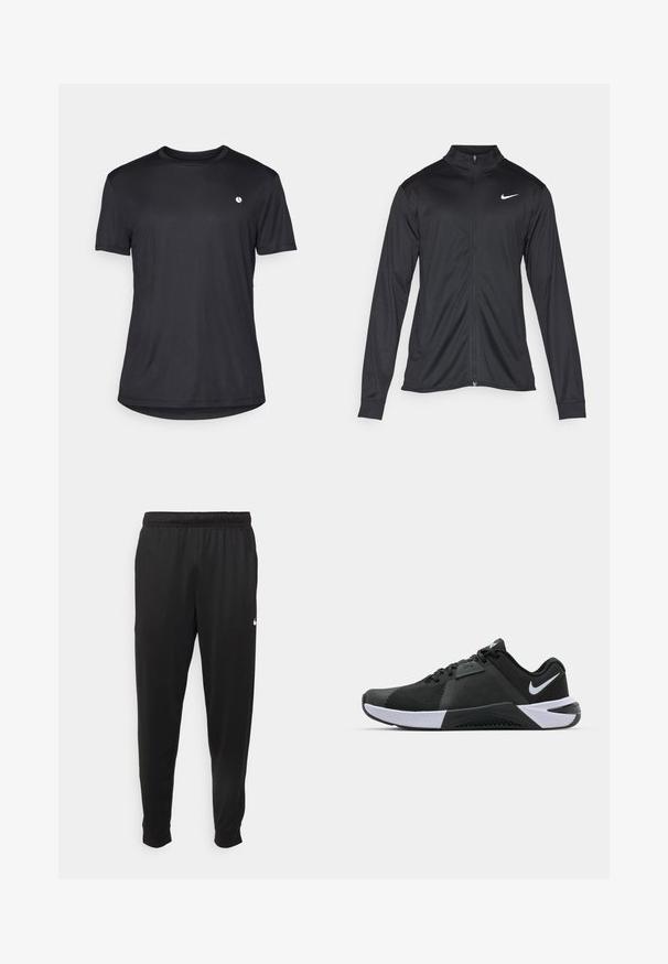 Jacket desportivo preto com mangas longas, colarinho e fecho zip completo. Apresenta um discreto logotipo da Nike em branco na parte superior do lado esquerdo do peito. Textura suave.; T-shirt preto de mangas curtas feito de tecido suave, com decote redondo e um pequeno logótipo branco na área esquerda do peito.; Calças de desporto pretas feitas de tecido suave, com uma cintura elástica, pernas ajustadas e um pequeno logo branco no lado esquerdo.; Nike Performance METCON 10 - Sapatilha de treino - black/white/anthracite