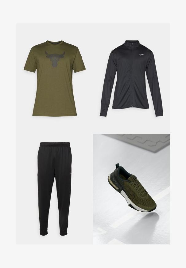 Juodas sportinis švarkas su ilgomis rankovėmis, apykakle ir pilnu užtrauktuku. Yra subtilus baltas Nike logotipas kairėje krūtinės pusėje. Lygus tekstūra.; Alyvuogių žalios spalvos medvilninė trumpomis rankovėmis marškinėliai su apvalia iškirpte; priekyje yra juodas buliaus logotipas.; Juodi sportiniai kelnės, pagamintos iš lygaus audinio, turinčios elastinę juosmenį, siaurėjantys sijonai ir mažas baltas logotipas kairėje pusėje.; Alyvuogių spalvos sportinė avalynė su tinklu viršuje, juodais akcentais ir balta dėmėta tarpine. Yra apvalus pirštas ir kulno paminkštinimas.