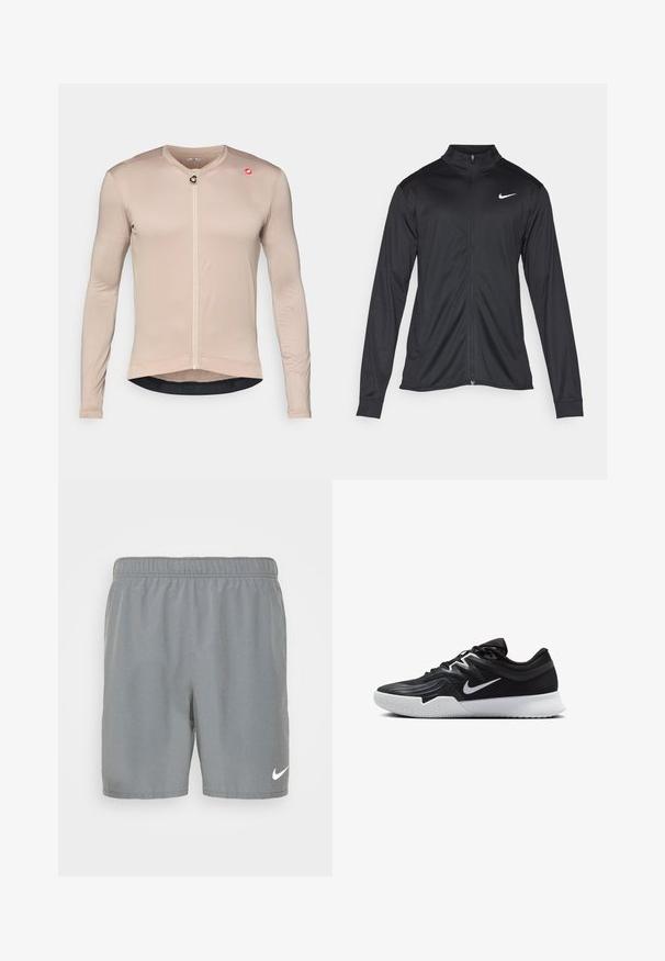 Czarna sportowa kurtka z długimi rękawami, kołnierzem i pełnym zamkiem. Posiada subtelne logo Nike w białym kolorze na lewej górnej części klatki piersiowej. Gładka tekstura.; Długi rękaw koszulka kolarska w jasnym beżu, wykonana z teksturowanej, oddychającej tkaniny. Posiada zamek błyskawiczny z przodu, akcent z logo oraz kontrastowe wykończenie.; Szare sportowe spodenki wykonane z gładkiego materiału, z elastycznym pasem i białym logo Nike na dolnej części prawego przodu.; Czarne buty sportowe z teksturowaną cholewką, białym logo Nike i białą gumową podeszwą. Charakteryzują się sznurowanym zapięciem i dynamicznym kształtem.