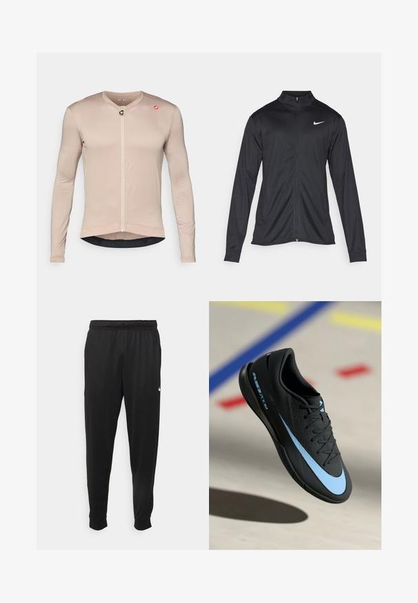 Jachetă sportivă neagră cu mâneci lungi, guler și fermoar complet. Prezintă un logo Nike subtil, alb, pe pieptul din stânga sus. Textură netedă.; Tricou de ciclism cu mânecă lungă, de culoare bej deschis, realizat dintr-un material texturat și respirabil. Dispune de un fermoar frontal, accent cu logo și tiv în contrast.; Pantaloni sportivi negri dintr-o țesătură netedă, cu un elastic la brâu, picioare conice și un mic logo alb pe partea stângă.; Pantof de sport negru cu accente albastre, suprafață texturată, design cu șireturi și logo-ul distinctiv Nike. Talpă din cauciuc cu modele de aderență.