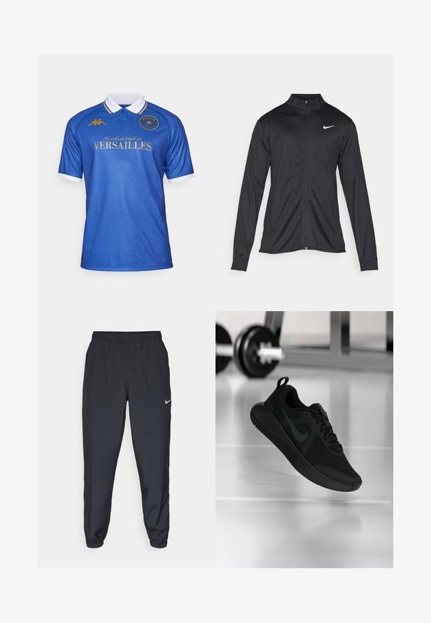 Črna atletska jakna z dolgimi rokavi, ovratnikom in polnim zadrgo. Vključuje diskreten bel Nike logotip na zgornjem levem delu prsnega koša. Gladka tekstura.; Modra nogometna majica s ovratnikom, ki ima teksturiran vzorec, z zlatimi črkami "Nogometni klub VERSAILLES" in belimi poudarki na rokavih.; Črne trenirke iz lahkega materiala z elastičnim pasom, manšetami na gležnjih in diskretnim logotipom Nike na levi strani.; Črna športna obutev z teksturirano mrežasto zgornjo stranjo, gumijastim podplatom in izrazitim temnim logotipom Swoosh. Ima oblazinjen ovratnik in vezalni sistem na vezalke.