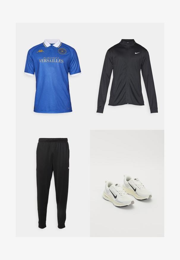 Čierna športová bunda s dlhými rukávmi, golierom a plným zipsom. Obsahuje nenápadné logo Nike v bielej farbe na hornej ľavej hrudi. Hladká textúra.; Modrá futbalová dres s golierom, so štruktúrovaným vzorom, zlatým nápisom "Football Club de VERSAILLES" a bielymi akcentmi na rukávoch.; Čierne športové nohavice z hladkej tkaniny, s elastickým pásom, zužujúcimi sa nohavicami a malým bielym logom na ľavej strane.; Bežecké topánky vyrobené z bielej priedušnej sieťoviny s svetlo šedými akcentmi. Majú čierne logo Swoosh a svetlo šedú gumovú podrážku.