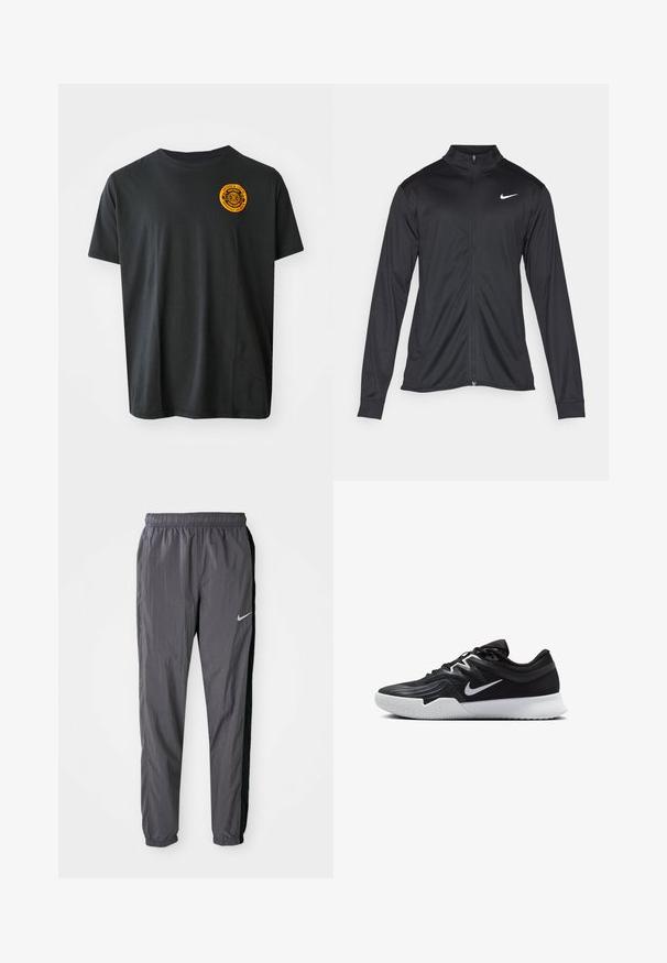 Melna sporta jaka ar garām piedurknēm, apkakli un pilnu rāvējslēdzēju. Uz kreisā krūts augšdaļas ir maigs Nike logo baltā krāsā. Gluda tekstūra.; Melna kokvilnas T-krekls ar īsām piedurknēm, apaļas kakla izgriezums, ar oranžā krāsā apļveida logotipu augšējā kreisajā pusē. Gluda tekstūra.; Nike sporta bikses, izgatavotas no viegla auduma, tumši pelēkā krāsā ar melnām sānu paneļiem. Iezīme – elastīga josta un atstarojošs logo.; Melni sporta apavi ar teksturētu virsu, balto Nike zulumu un balto gumijas zoli. Iezīmējas ar auklu pievilkšanas dizainu un dinamisku formu.