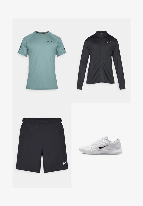 Zwarte sportjack met lange mouwen, kraag en volle rits. Voorzien van een subtiele Nike-logo in het wit op de bovenste linkerborst. Soepele textuur.; Endless CAMISETA FEISTY ICONIC - Sport T-shirt - cypress; Zwarte sportshorts gemaakt van lichtgewicht materiaal met een elastische tailleband. Voorzien van een klein wit Nike-logo aan de onderzijde aan de linkerkant.; Witte sportieve schoen met textuur in het mesh bovenwerk, zwarte Nike swoosh, gevoerde kraag en rubberen zool met een profielpatroon.