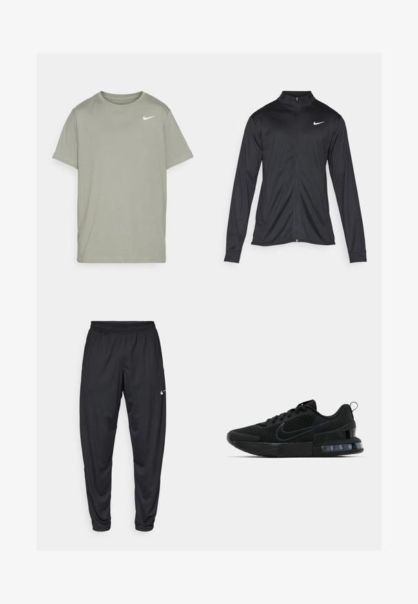 Musta urheilutakki pitkillä hihoilla, kauluksella ja kokonaisella vetoketjulla. Täydentää hienovarainen Nike-logo valkoisena vasemmassa ylärinnassa. Litteä pinta.; Nike Performance TEE CREW SOLID - Tekninen t-paita - dark stucco; Mustat urheiluhousut, joissa on joustava vyötärö, kapenevat lahkeet ja pieni valkoinen Nike-logo vasemmassa reidessä. Tasainen kangas, ei kuvioita.; Musta Nike urheilukenkä, jossa on verkkomateriaali yläosa, kumipohja, pehmustettu nilkkaosa ja erottuva läpinäkyvä kantaaksentti.
