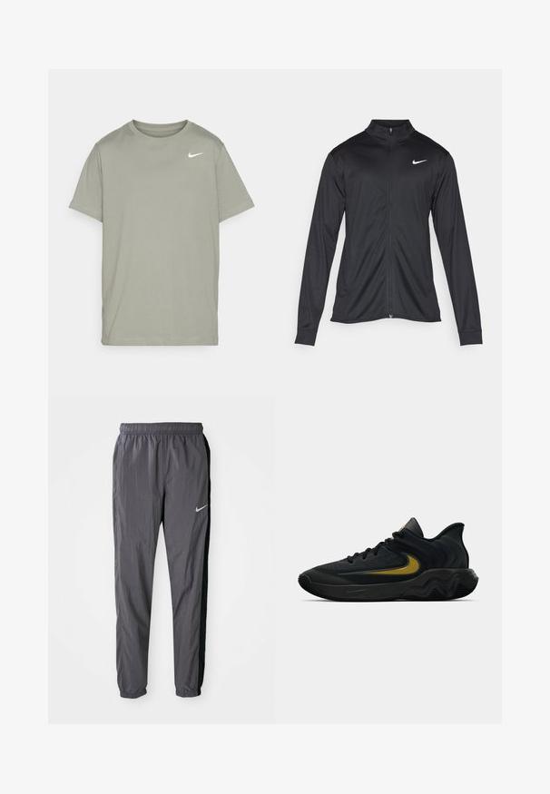 Jacket desportivo preto com mangas longas, colarinho e fecho zip completo. Apresenta um discreto logotipo da Nike em branco na parte superior do lado esquerdo do peito. Textura suave.; Nike Performance TEE CREW SOLID - T-shirt desportiva - dark stucco; Calças de treino Nike, feitas de tecido leve, na cor cinza escuro com painéis laterais pretos. Apresentam uma cintura elástica e um logótipo refletor.; Tênis atlético preto e cinza escuro com cadarços pretos e logotipo swoosh dourado, apresentando um design de sola ondulada e colarinho acolchoado no calcanhar.