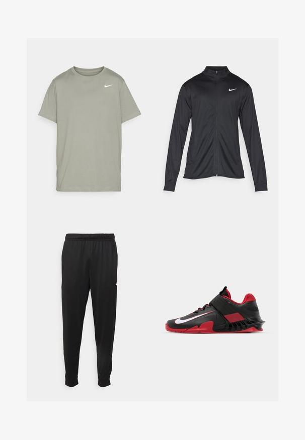 Musta urheilutakki pitkillä hihoilla, kauluksella ja kokonaisella vetoketjulla. Täydentää hienovarainen Nike-logo valkoisena vasemmassa ylärinnassa. Litteä pinta.; Nike Performance TEE CREW SOLID - Tekninen t-paita - dark stucco; Mustat urheiluhousut, jotka on valmistettu sileästä kankaasta. Niissä on joustava vyötärö, kapenevat lahkeet ja pieni valkoinen logo vasemmalla puolella.; Mustat ja punaiset urheilukengät, joissa on tyylikäs muotoilu, teksturoitu verkkopäällinen, kestävä kumipohja ja näkyvä valkoinen logoväri.