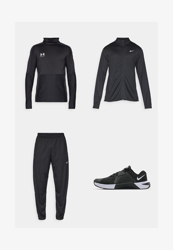 Μαύρο αθλητικό μπουφάν με μακριά μανίκια, γιακά και πλήρη φερμουάρ. Διαθέτει ένα διακριτικό λευκό λογότυπο της Nike στη πάνω αριστερή πλευρά του στήθους. Λείος υφασμάτινος χαρακτήρας.; Μαύρο αθλητικό τοπ με μακριά μανίκια και φαρδύ γιακά, υφασμένο ύφασμα και αντιθετικές ματ ενότητες. Φέρει το λογότυπο της Under Armour σε λευκό χρώμα.; Μαύρο αθλητικό παντελόνι με ελαστική μέση, στενές γραμμές στα πόδια και ένα μικρό λευκό λογότυπο Nike στο αριστερό μηρό. Λείο ύφασμα, χωρίς σχέδια.; Nike Performance METCON 10 - Παπούτσι προπόνησης - black/white/anthracite