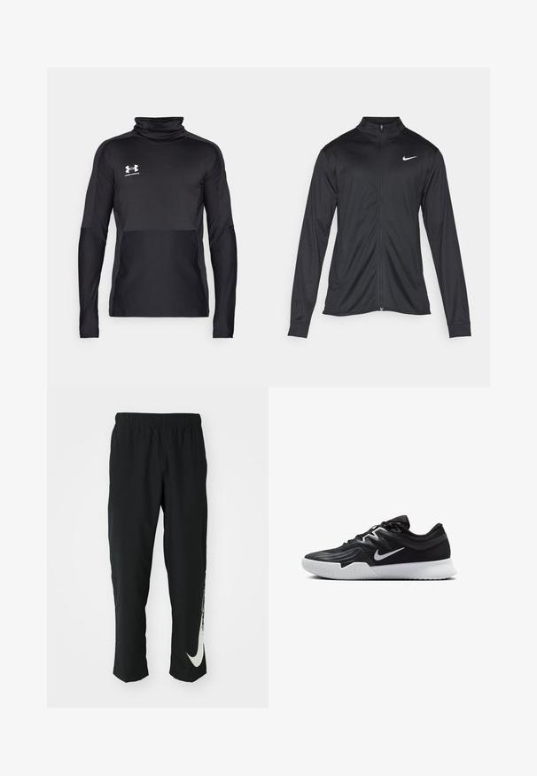 Musta urheilutakki pitkillä hihoilla, kauluksella ja kokonaisella vetoketjulla. Täydentää hienovarainen Nike-logo valkoisena vasemmassa ylärinnassa. Litteä pinta.; Musta pitkähihainen urheilupaita, jossa on korkea kaulus, tekstuuripinta ja kontrastisia matta-alueita. Sisältää Under Armour -logon valkoisena.; Mustat urheiluhousut, joissa on joustava vyötärö, kapeneva muotoilu ja suuri valkoinen Nike-logo vasemmassa lahkeessa. Pehmeä, kevyt kangas.; Musta urheilukenkä, jossa on teksturoitu päällinen, valkoinen Nike-tikkaus ja valkoinen kumipohja. Kenkässä on nauhakuji ja dynaaminen muoto.