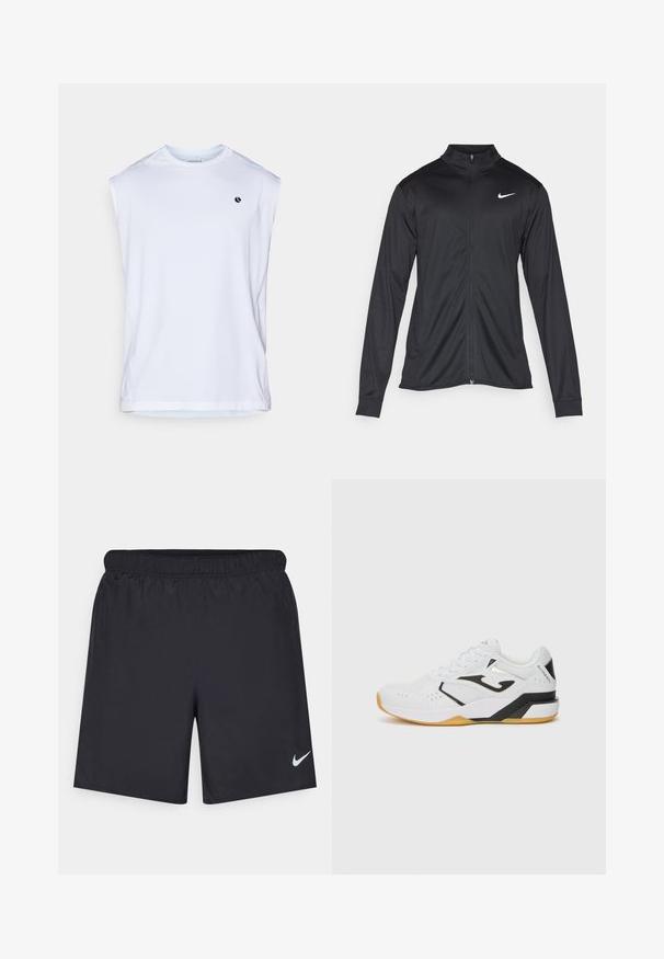 Black athletic jacket with long sleeves, collar, and full zipper. Features a subtle Nike logo in white on the upper left chest. Smooth texture.; Sleeveless white athletic shirt made of moisture-wicking material; features a small black logo on the chest and flat seams for comfort.; Black athletic shorts made of lightweight material with an elastic waistband. Features a small white Nike logo on the lower left side.; White athletic shoe with black accents, textured mesh upper, perforations for breathability, thick rubber sole, and lace-up design.