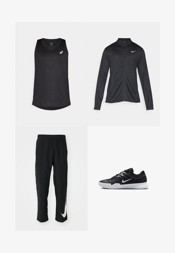 Schwarze Sportjacke mit langen Ärmeln, Kragen und voller Reißverschluss. Verfügt über ein dezentes Nike-Logo in Weiß auf der oberen linken Brust. Glatte Textur.; Schwarzes ärmelloses Sporttanktop aus leichtem Stoff, mit abgerundetem Saum und einem weißen Logo auf der oberen linken Vorderseite.; Schwarze Sporthose mit elastischem Bund und taillierter Passform, auf der linken Beinschulter befindet sich ein großes weißes Nike-Logo. Weicher, leichter Stoff.; Schwarzer Sportschuh mit strukturiertem Obermaterial, weißem Nike-Warenzeichen und einer weißen Gummisohle. Verfügt über ein Schnürdesign und eine dynamische Form.