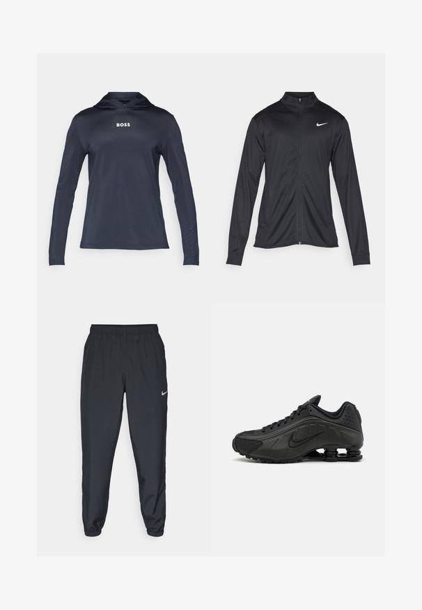 Crna sportska jakna s dugim rukavima, ovratnikom i punim patentnim zatvaračem. Ima suptilan Nike logo u bijeloj boji na gornjem lijevom dijelu prsne oznake. Glatka tekstura.; Mornarska dukserica s dugim rukavima izrađena od laganog, glatkog materijala. Ima kapuljaču s vezicom i natpis "BOSS" otisnut u bijeloj boji na prsima.; Crne trenirke od laganog materijala s elastičnom trakom u struku, manžetama na gležnjevima i diskretnim Nike logom s lijeve strane.; Crne trkačke cipele s glatkim sintetičkim gornjim dijelom, perforiranim detaljima, teksturiranim bočnim panelima i karakterističnim elastičnim potplatom.