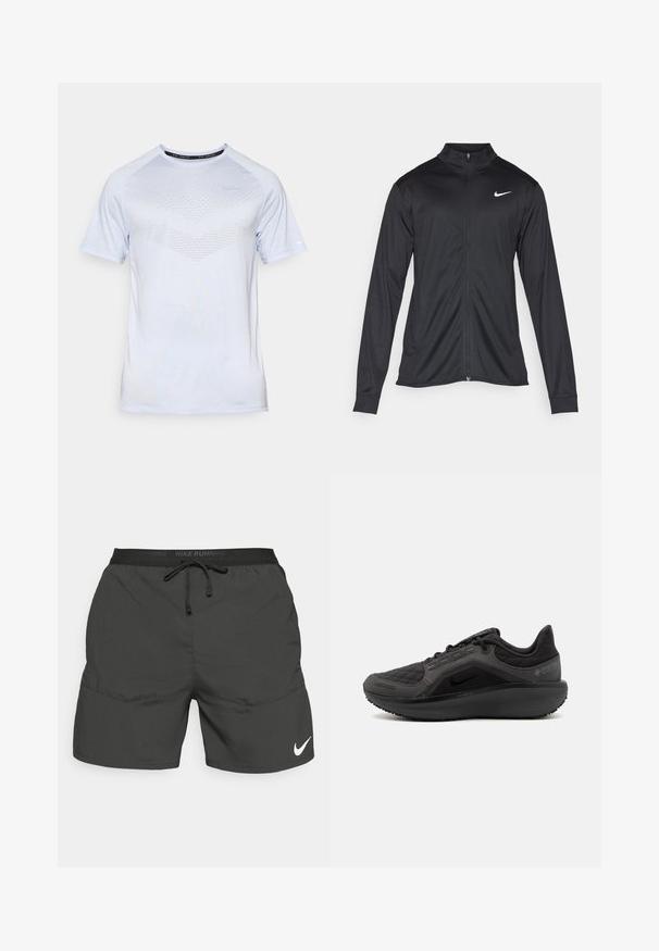 Schwarze Sportjacke mit langen Ärmeln, Kragen und voller Reißverschluss. Verfügt über ein dezentes Nike-Logo in Weiß auf der oberen linken Brust. Glatte Textur.; Hellblaues Sport-T-Shirt mit kurzen Ärmeln, das über ein strukturiertes Chevron-Muster verfügt. Hergestellt aus atmungsaktivem Stoff, Rundhalsausschnitt.; Schwarze Laufshorts mit einem elastischen Bund, Kordelzug, Seitentaschen und einem weißen Nike-Logo am unteren linken Bein.; Schwarzer Sportschuh mit strukturiertem, gestepptem Obermaterial, schlankem Design und schwarzem Gummisohle. Verfügt über ein sichtbares Logo und Gore-Tex-Branding.