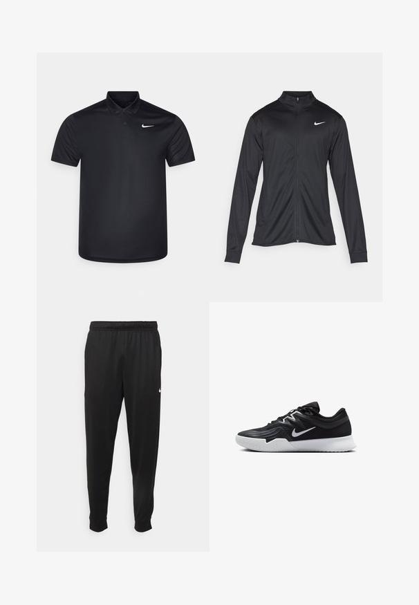 Zwarte sportjack met lange mouwen, kraag en volle rits. Voorzien van een subtiele Nike-logo in het wit op de bovenste linkerborst. Soepele textuur.; Zwarte polo shirt van gladde stof, met een kraag, twee knopen en een klein wit Nike-logo op de linkerborst.; Zwarte sportbroek gemaakt van gladde stof, met een elastische tailleband, taps toelopende pijpen en een klein wit logo aan de linkerzijde.; Zwarte sportieve schoen met een gestructureerde bovenkant, witte Nike swoosh en een witte rubberen zool. Beschikt over een veterontwerp en een dynamische vorm.