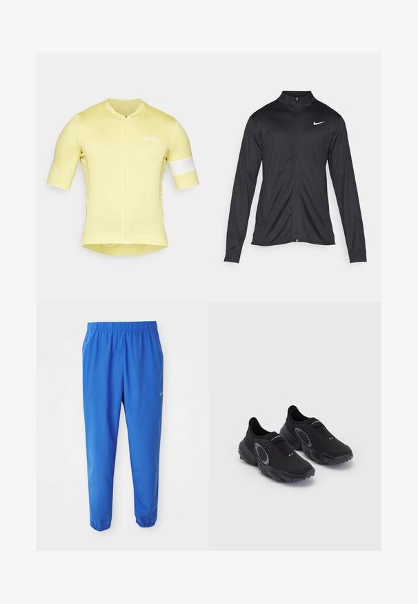 Black athletic jacket with long sleeves, collar, and full zipper. Features a subtle Nike logo in white on the upper left chest. Smooth texture.; Yellow cycling jersey with short sleeves, fitted design, textured fabric, zip front, and a white accent band on the sleeve. "Rapha" logo present.; Blue athletic pants with elastic waistband, straight leg design, and tapered cuffs. Features Nike logo in gold on the left side.; Black slip-on sneakers with a textured upper and rubber sole. Features a grey circular accent and elastic band across the instep for fit.