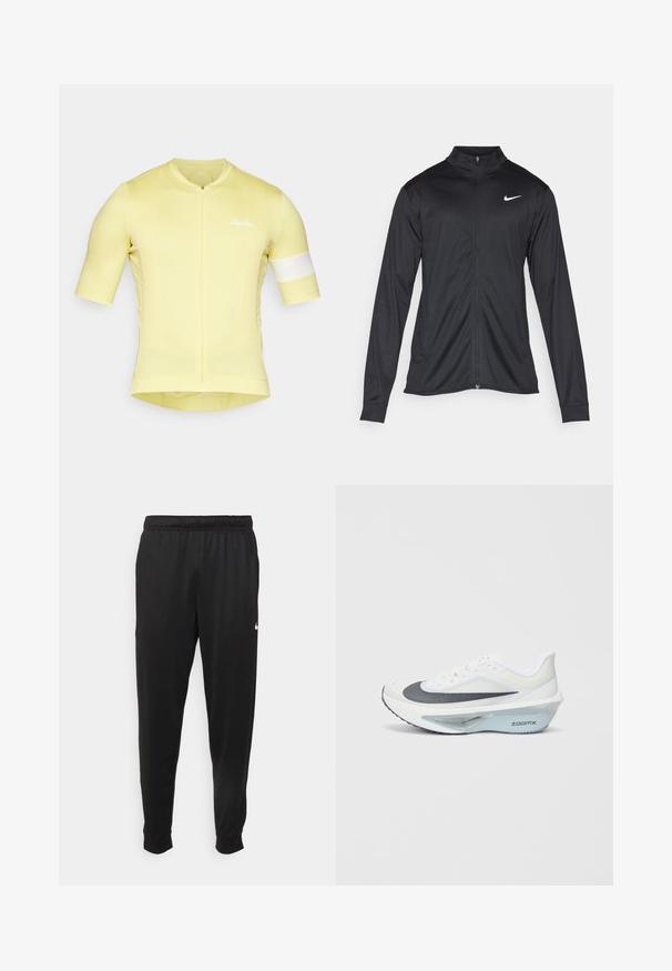 Zwarte sportjack met lange mouwen, kraag en volle rits. Voorzien van een subtiele Nike-logo in het wit op de bovenste linkerborst. Soepele textuur.; Geel fietsjersey met korte mouwen, nauwsluitend ontwerp, gestructureerde stof, ritssluiting aan de voorkant en een witte accentband op de mouw. "Rapha" logo aanwezig.; Zwarte sportbroek gemaakt van gladde stof, met een elastische tailleband, taps toelopende pijpen en een klein wit logo aan de linkerzijde.; Witte sportschoen met een grijs mesh bovenwerk, een blauwe ZoomX foam tussenzool en een gebogen buitenzool voor verbeterde voortstuwing en comfort.