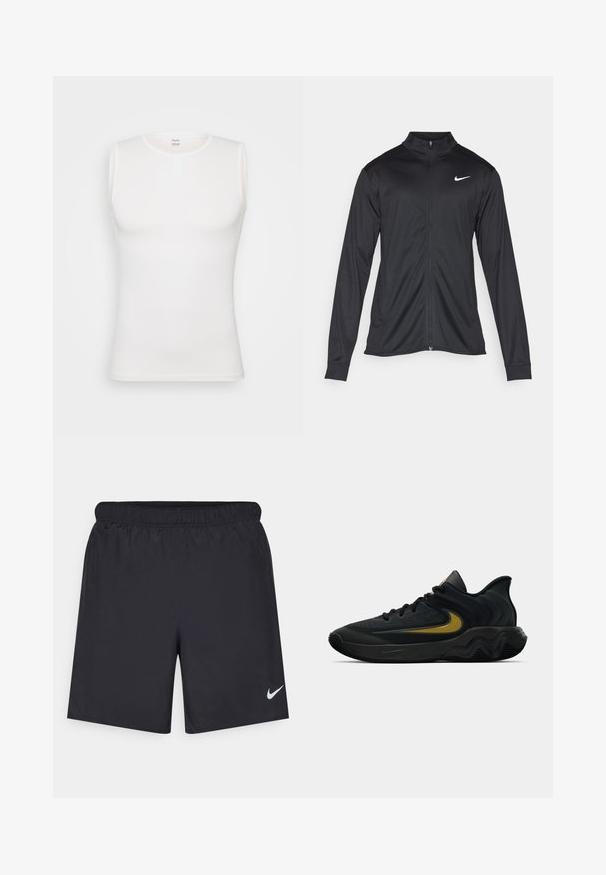 Melna sporta jaka ar garām piedurknēm, apkakli un pilnu rāvējslēdzēju. Uz kreisā krūts augšdaļas ir maigs Nike logo baltā krāsā. Gluda tekstūra.; Baltā bezpiedurkņu blūze, izgatavota no strukturētas auduma, ar apaļu dekoltē un pogu detaļu. Gluda apdare, pieguļošs siluets un vienkāršs dizains.; Melnas sporta šorti, izgatavoti no viegla materiāla, ar elastīgu jostu. Uz apakšējā kreisā stūra ir neliels balts Nike logo.; Melna un tumši pelēka sporta apavu pāris ar melnām auklām un zelta Swoosh logo, ar viļņotu zolītes dizainu un polsterētu papēdi.