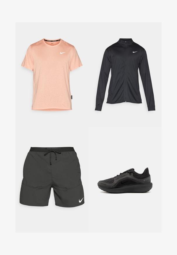 Chaqueta atlética negra con mangas largas, collar y cremallera completa. Presenta un sutil logo de Nike en blanco en la parte superior izquierda del pecho. Textura suave.; Camiseta de running Nike de manga corta en melocotón claro; texturizada con pequeños puntos en relieve, con un logo de Nike blanco en el pecho y un cuello negro.; Pantalones cortos de correr negros con cinturilla elástica, cordón, bolsillos laterales y un logotipo de Nike en blanco en la parte inferior de la pierna izquierda.; Zapatilla deportiva negra con una parte superior acolchada texturizada, diseño elegante y suela de goma negra. Presenta un logo visible y la marca Gore-Tex.