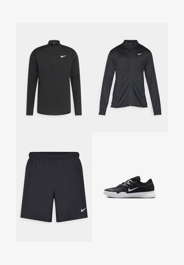 Czarna sportowa kurtka z długimi rękawami, kołnierzem i pełnym zamkiem. Posiada subtelne logo Nike w białym kolorze na lewej górnej części klatki piersiowej. Gładka tekstura.; Czarny, długi rękaw, sportowy top z stójką i zamkiem do 1/4, z białym logo Nike na klatce piersiowej i rękawach. Gładki, lekki materiał.; Czarne spodenki sportowe wykonane z lekkiego materiału, z elastycznym pasem. Posiadają małe białe logo Nike na dolnej lewej stronie.; Czarne buty sportowe z teksturowaną cholewką, białym logo Nike i białą gumową podeszwą. Charakteryzują się sznurowanym zapięciem i dynamicznym kształtem.