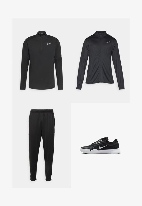 Must värvi sportlik jakk pikkade varrukatega, krae ja täispikk tõmblukk. Ülemises vasakus rinnas on diskreetne valge Nike logo. Sile tekstuur.; Musthave musta pikkade varrukatega spordisärk, millel on püsti krae ja veerandi pikkusega tõmblukk, valge Nike logo rinnal ja varrukatel. Sile, kerge kangas.; Mustad mustekad athletic-püksid sujuvast kangast, elastse vöökoha, kitsenevate jalgade ja väikese valge logoga vasakul küljel.; Must mustad jalanikesad rikaste ülaservaga, valge Nike swoosh'i ja valge kummist välispõhjaga. Omab paeltega sulgemisdetaili ja dünaamilist kuju.