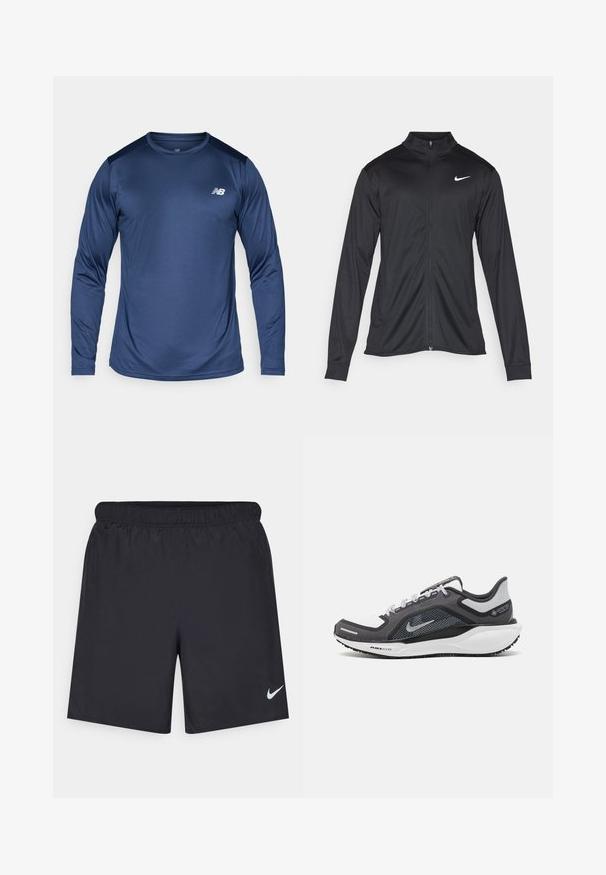 Must värvi sportlik jakk pikkade varrukatega, krae ja täispikk tõmblukk. Ülemises vasakus rinnas on diskreetne valge Nike logo. Sile tekstuur.; Tumed pikkade varrukatega spordisärk, valmistatud tekstuurustatud kangast, omab ümarat kaelust ja kontrastset õlavarre aktsenti. Logo on kujutatud rinna peal.; Mustad mustikud lühikesed püksid, mis on valmistatud kergest materjalist ja millel on elastne vöökoht. Alumisel vasakul küljel on väike valge Nike logo.; Mustern ja hallide värvusega spordijalats, millel on võrgusilmast ülemine osa, peegeldavad aktsendid ja valge vaheosa. Omab tekstuuriga kummist välisosa ja kingapaelu.